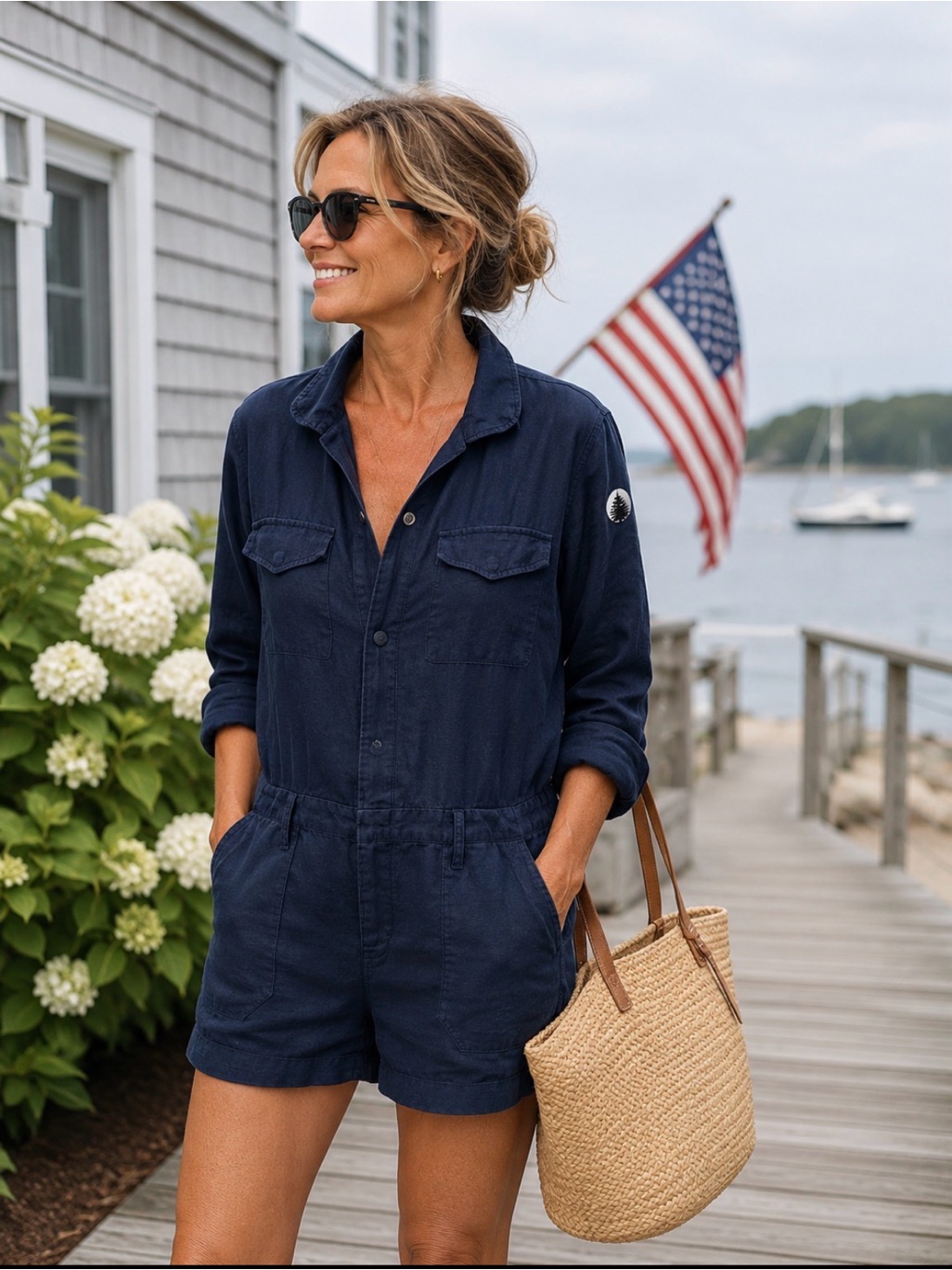 Mikoh Navy Blue Thick Linen Snap-Up Short Jumpsuit Romper Coastal Americana S